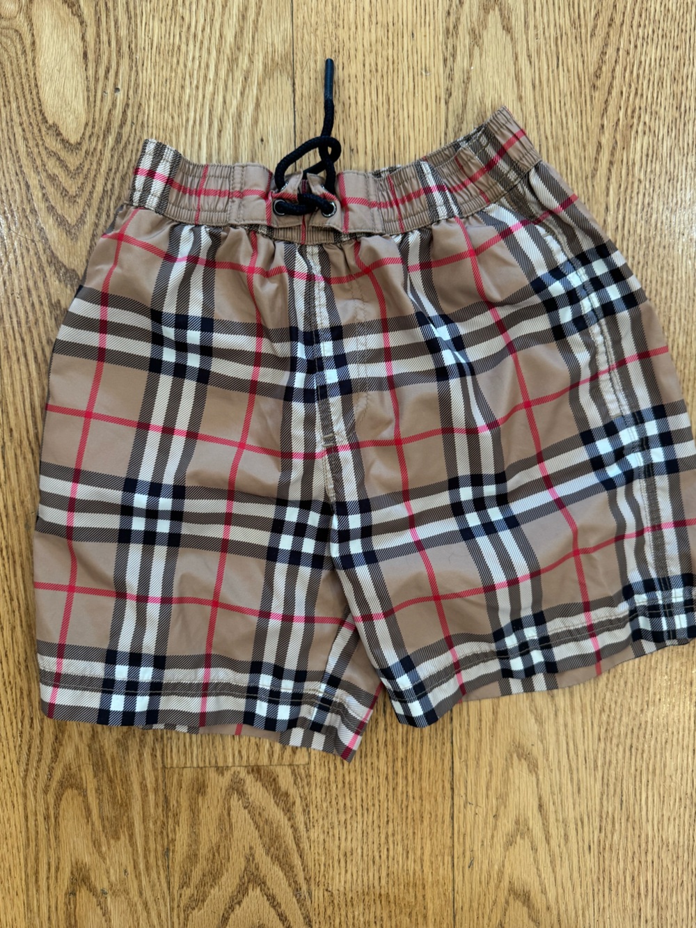 Burberry Children Beige Plaid Swim Shorts with Black and Red Accents Size 6